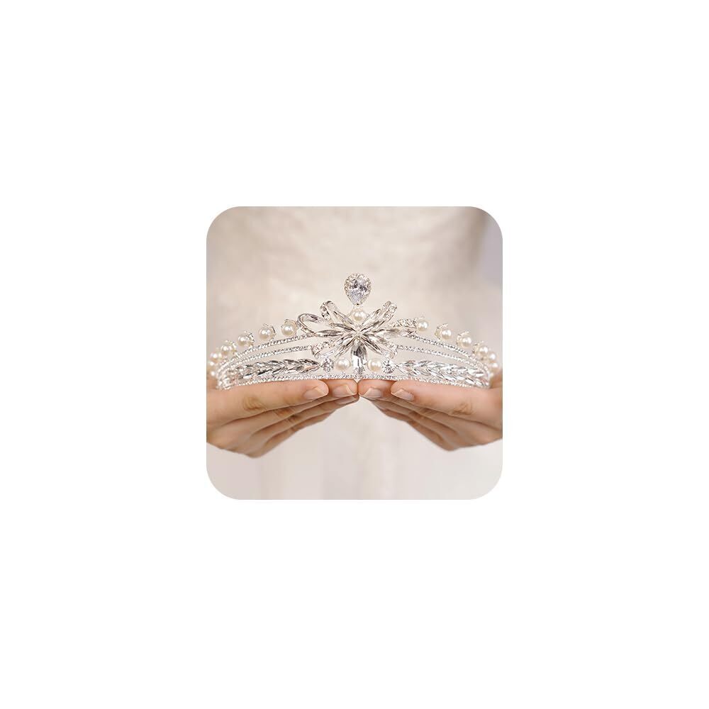 4626 Silver Pearl Tiara Crown - Crystal Headband Headpiece Princess Crown